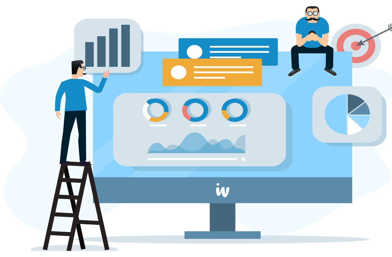 Illustration of the Integrated Webworks team optimizing marketing analytics on a large screen