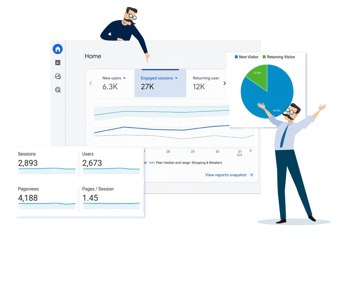 Illustration of analytics dashboards showing traffic and engagement growth